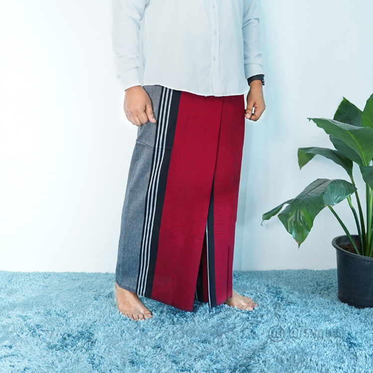 Red Color Avurudu Handloom Sarong with Black & Gray Stripes