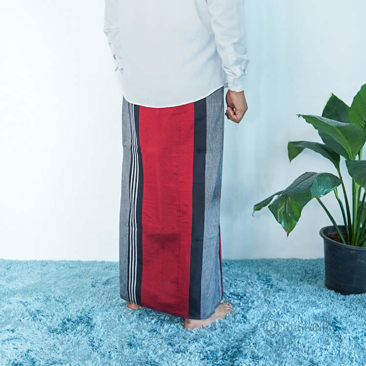 Red Color Avurudu Handloom Sarong with Black & Gray Stripes