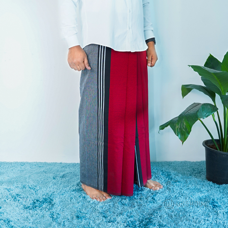 Red Color Avurudu Handloom Sarong with Black & Gray Stripes
