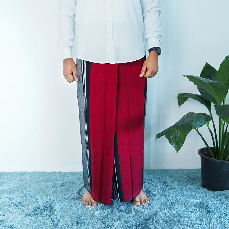 Red Color Avurudu Handloom Sarong with Black & Gray Stripes