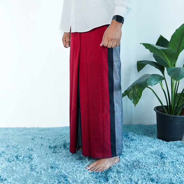 Red Color Avurudu Handloom Sarong with Black & Gray Stripes