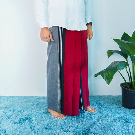 Red Color Avurudu Handloom Sarong with Black & Gray Stripes
