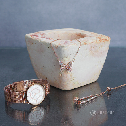 IBSO Ladies Quartz Rose Gold Watch And Butterfly Glamour Jewelry Gift Set 3638