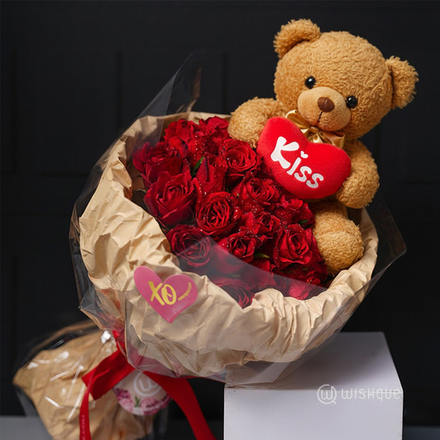 Cuddle Teddy Fresh Red Roses Bouquet