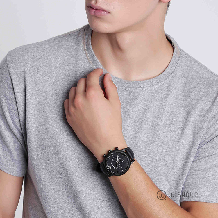 Emporio Armani AR1970 Black Chronograph Dial Black Leather Strap Men's Watch