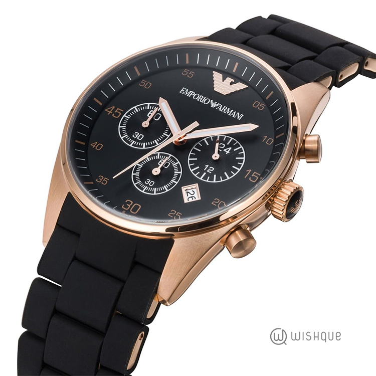 Emporio Armani AR5905 Watch Rose Gold Black Silicone Rubber Chronograph Mens
