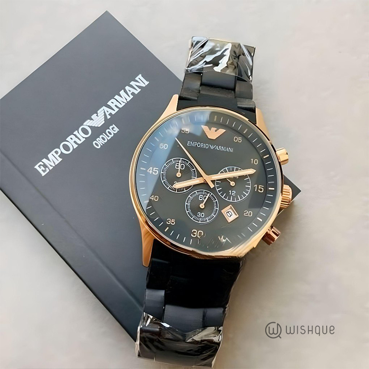 Emporio Armani AR5905 Watch Rose Gold Black Silicone Rubber Chronograph Mens