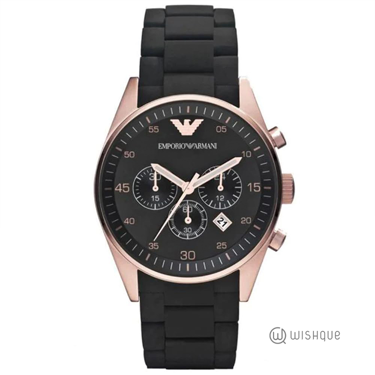 Emporio Armani AR5905 Watch Rose Gold Black Silicone Rubber Chronograph Mens