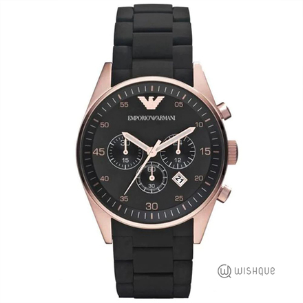 Emporio Armani AR5905 Watch Rose Gold Black Silicone Rubber Chronograph Mens