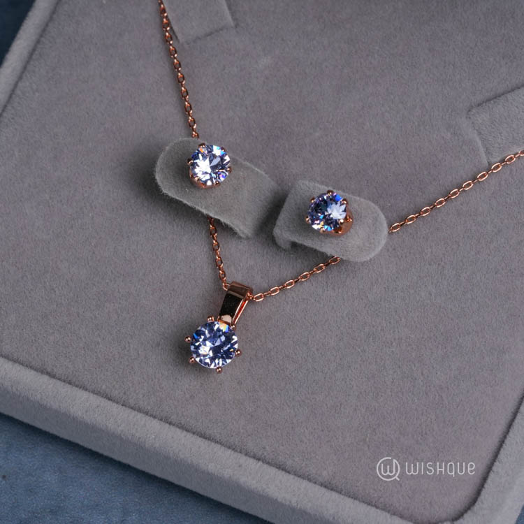 Alexandra Pale Blue Pendant And Earrings Set With Cloe Crystals Rose-Gold Plated