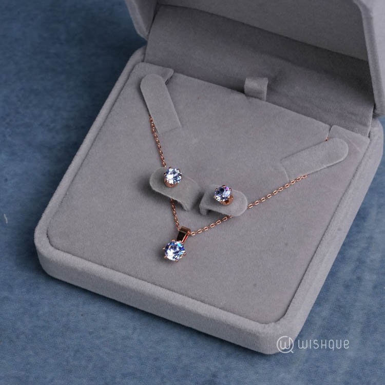 Alexandra Pale Blue Pendant And Earrings Set With Cloe Crystals Rose-Gold Plated