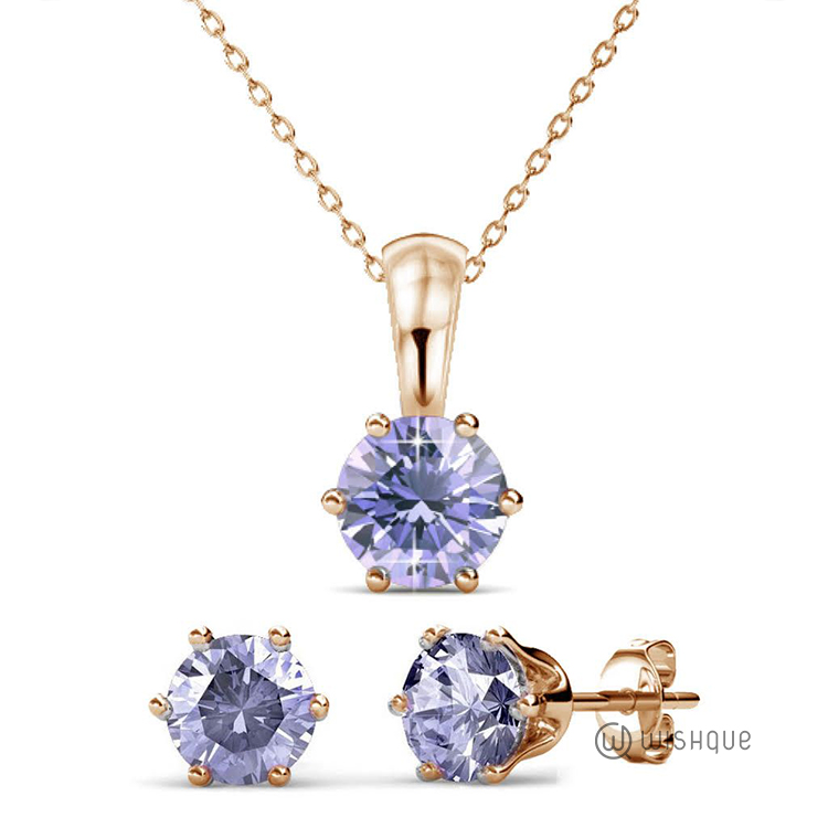 Alexandra Pale Blue Pendant And Earrings Set With Cloe Crystals Rose-Gold Plated