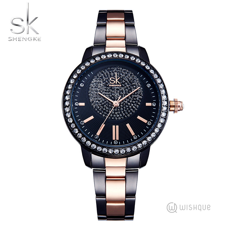 Shengke Women Watch Crystal Luxury Ladies Watch Black - K0075
