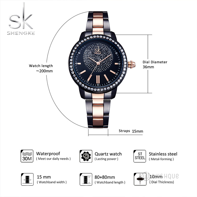 Shengke Women Watch Crystal Luxury Ladies Watch Black - K0075