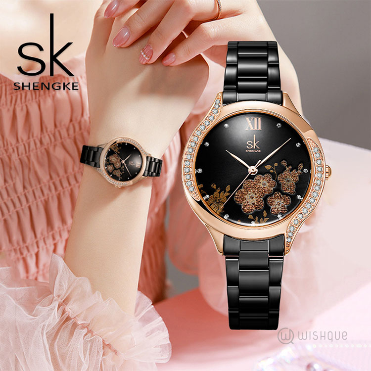 SK SHENGKE Elegant Rose Gold Flower Dial Women's Watch - K0172L03