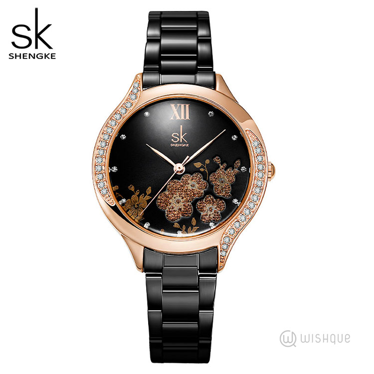 SK SHENGKE Elegant Rose Gold Flower Dial Women's Watch - K0172L03