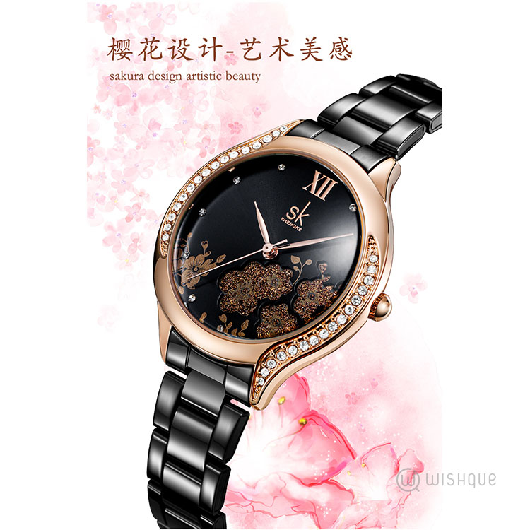 SK SHENGKE Elegant Rose Gold Flower Dial Women's Watch - K0172L03
