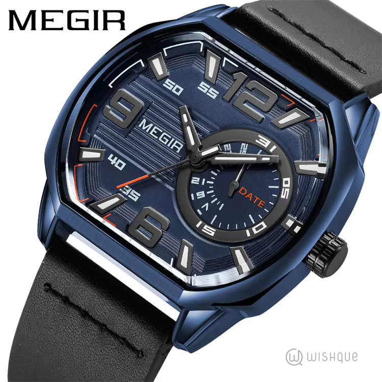 MEGIR Casual Sport Watches for Men Leather Black Strap Quartz Watch