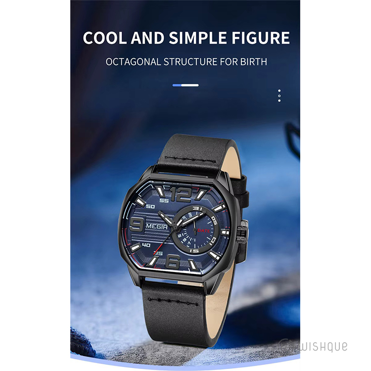 MEGIR Casual Sport Watches for Men Leather Black Strap Quartz Watch