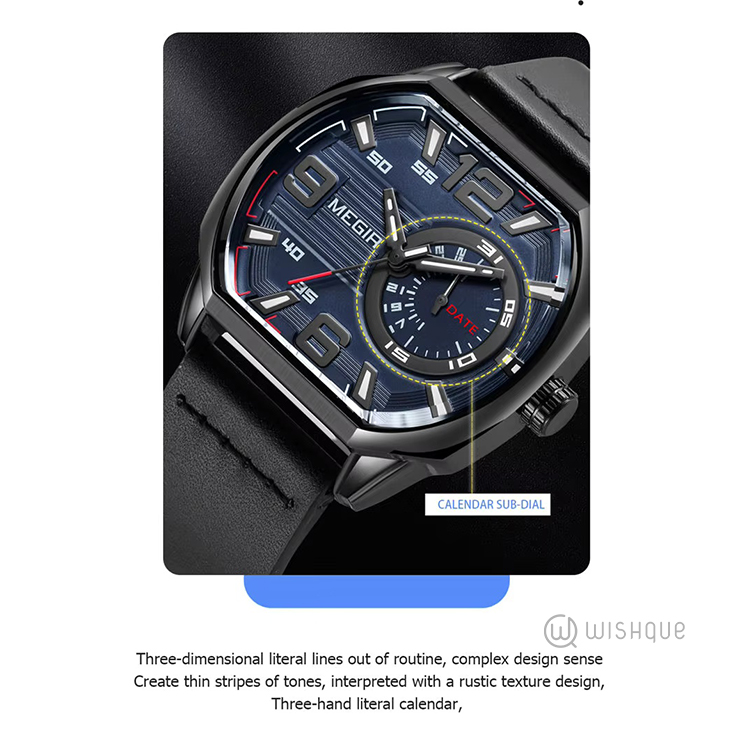 MEGIR Casual Sport Watches for Men Leather Black Strap Quartz Watch
