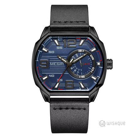 MEGIR Casual Sport Watches for Men Leather Black Strap Quartz Watch