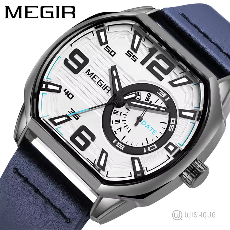 MEGIR Casual Sport Watches for Men Leather Blue Strap Quartz Watch