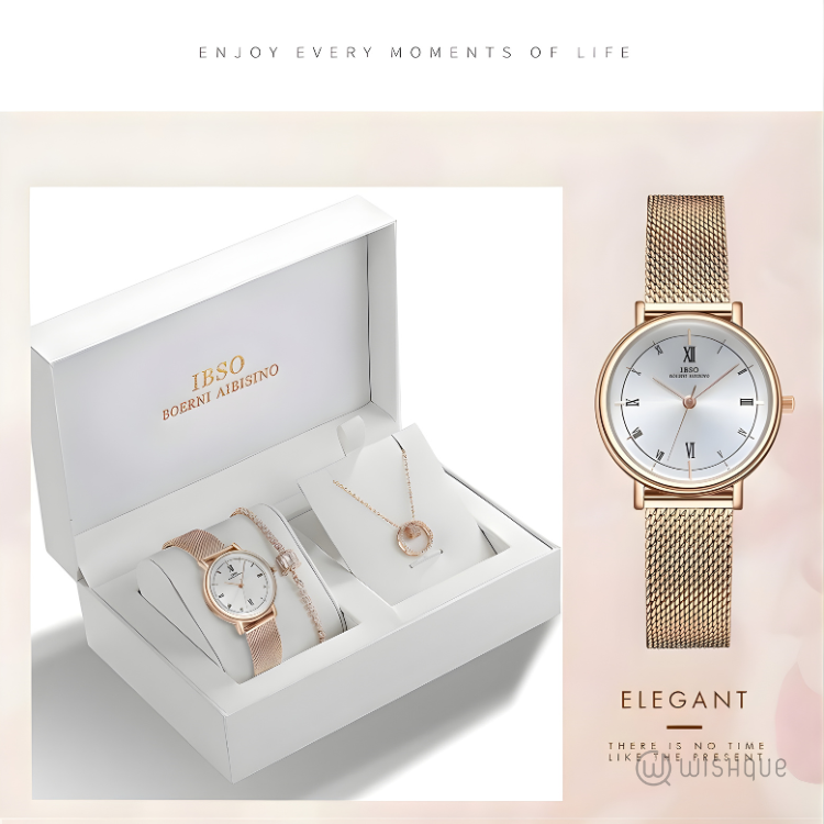 IBSO Ladies Quartz Rose Gold Watch And Jewelry Gift Set 6520-1