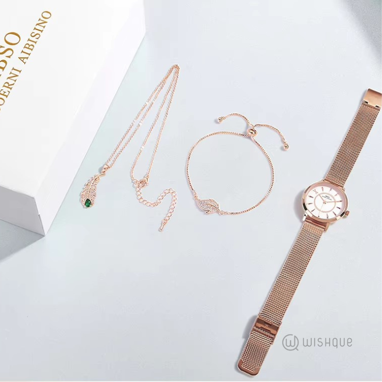 IBSO Ladies Quartz Rose Gold Stones Watch And Jewelry Gift Set 6519-1