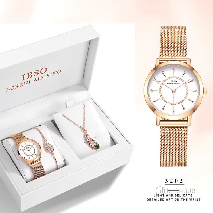 IBSO Ladies Quartz Rose Gold Stones Watch And Jewelry Gift Set 6519-1