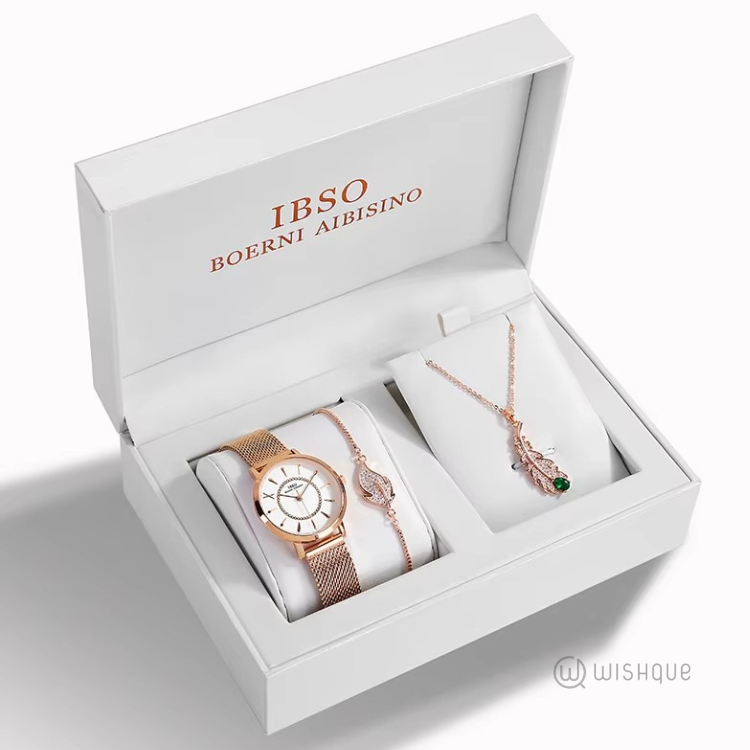 IBSO Ladies Quartz Rose Gold Stones Watch And Jewelry Gift Set 6519-1