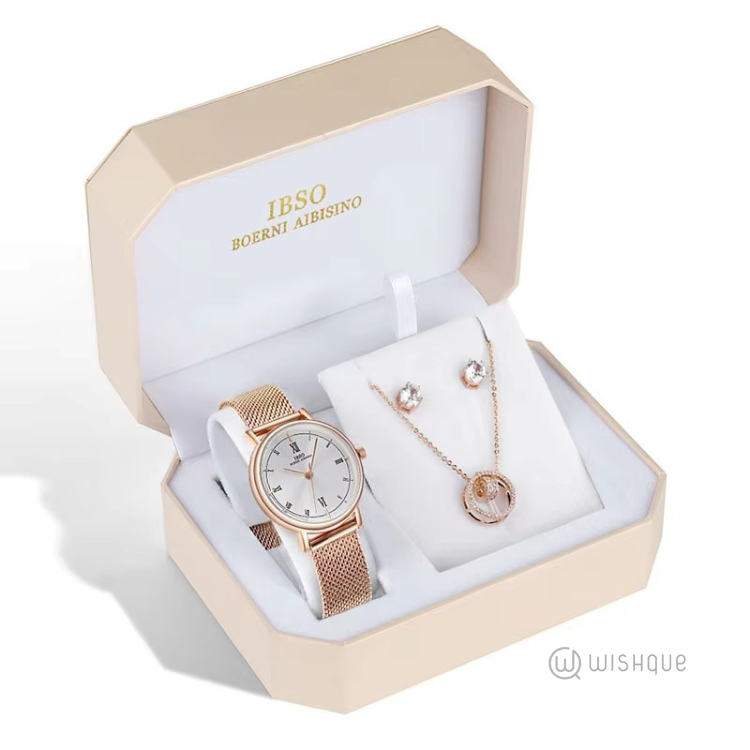 IBSO Women Luxury Quartz Rose Gold Watch And Jewellery Set 3639-1