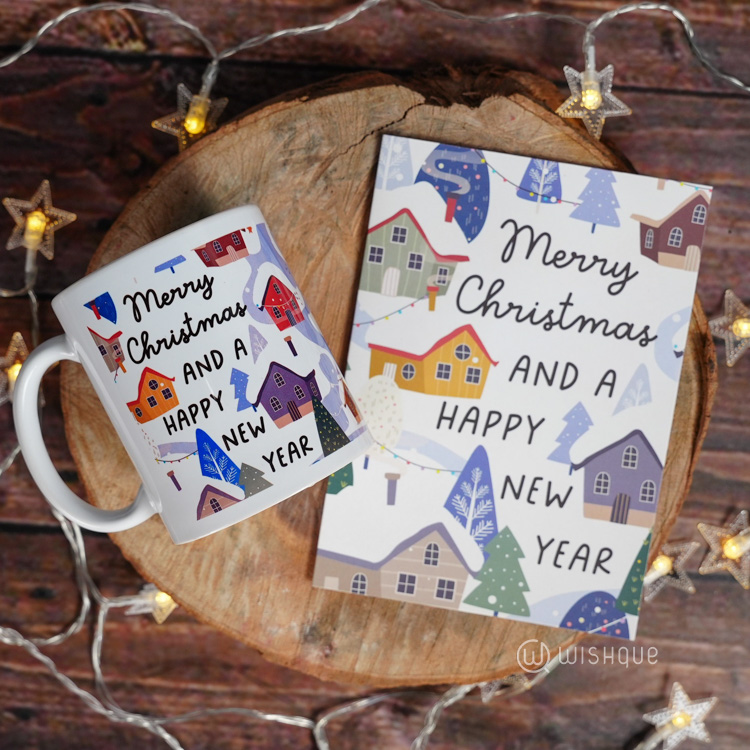 Merry Christmas And Happy New Year Winter Village Printed Mug & Greeting Card
