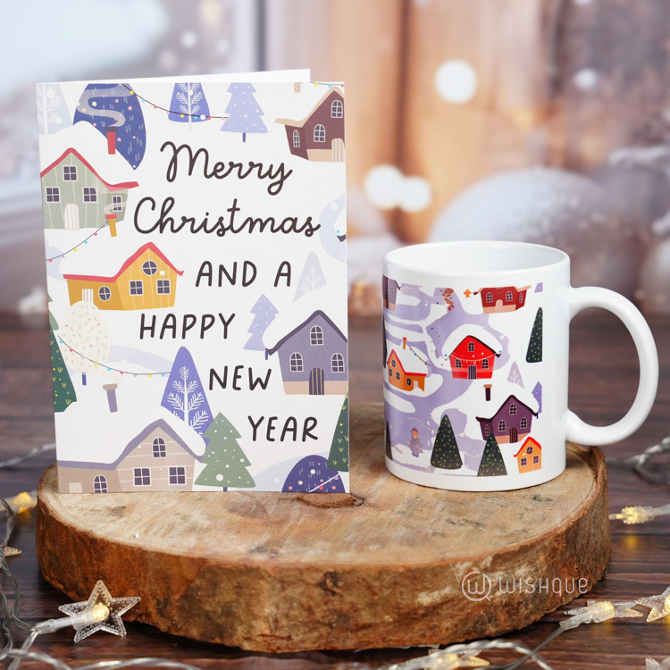 Merry Christmas And Happy New Year Winter Village Printed Mug & Greeting Card