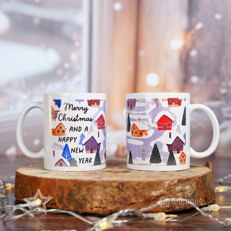 Merry Christmas And Happy New Year Winter Village Printed Mug & Greeting Card