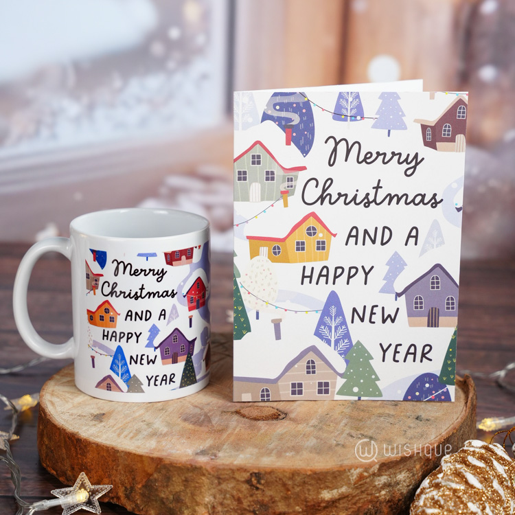 Merry Christmas And Happy New Year Winter Village Printed Mug & Greeting Card