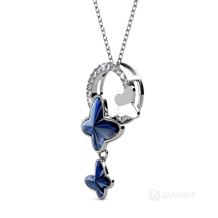 Blue Butterfly Stone Pendant With Cloe Crystals White - Gold Plated