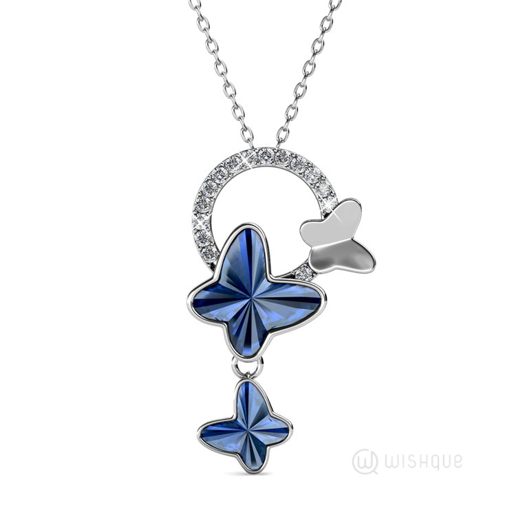 Blue Butterfly Stone Pendant With Cloe Crystals White - Gold Plated