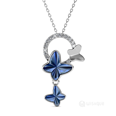 Blue Butterfly Stone Pendant With Cloe Crystals White - Gold Plated