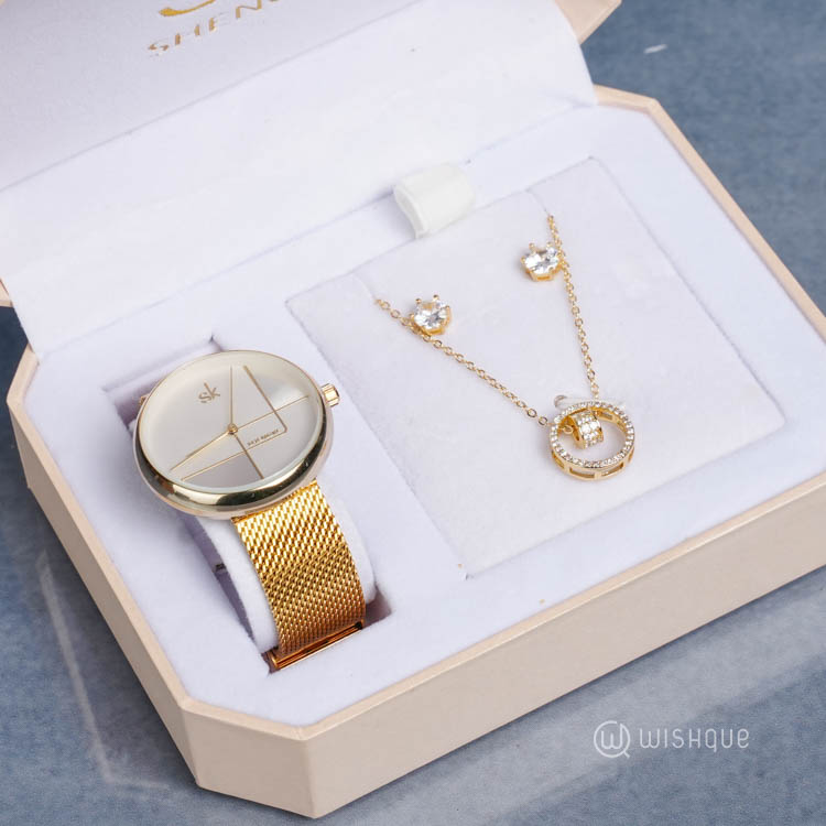 SK Women Jewelry Gift Set Quartz Wrist Watch with Earring and Necklace