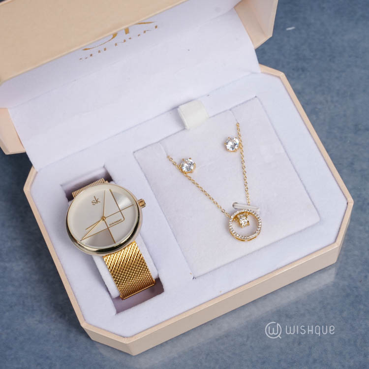 SK Women Jewelry Gift Set Quartz Wrist Watch with Earring and Necklace