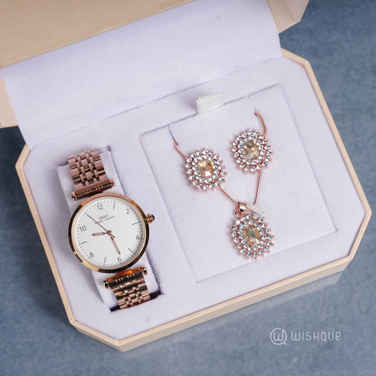 IBSO Stainless Steel Strap Luminous 3ATM Waterproof Watch And Jewellery Set