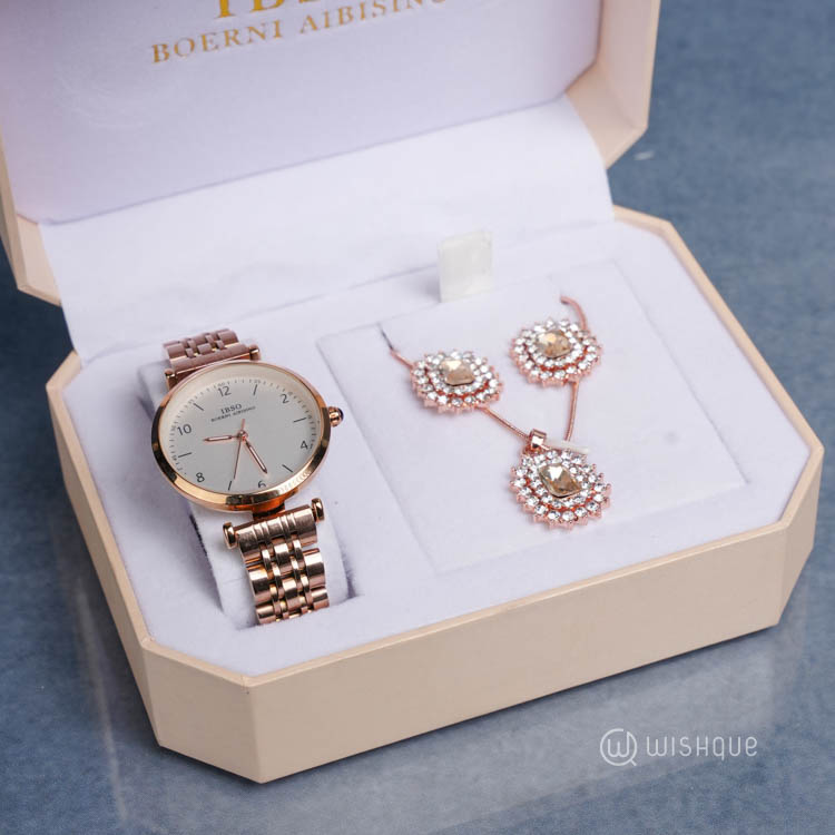 IBSO Stainless Steel Strap Luminous 3ATM Waterproof Watch And Jewellery Set