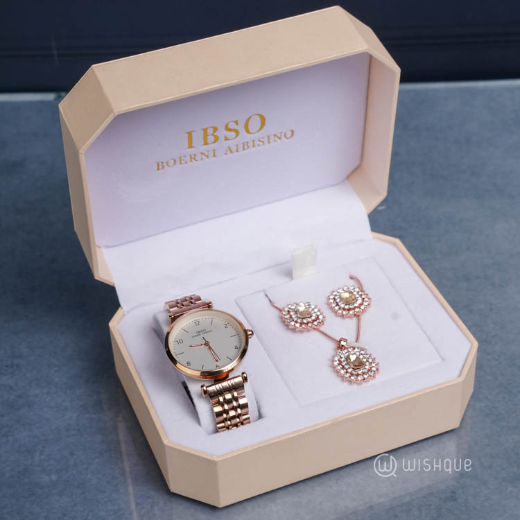 IBSO Stainless Steel Strap Luminous 3ATM Waterproof Watch And Jewellery Set