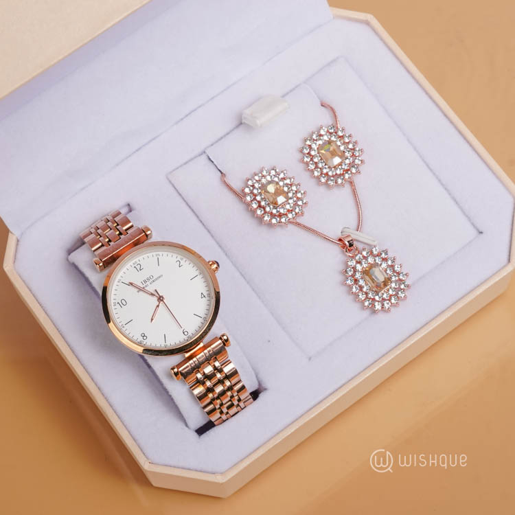 IBSO Stainless Steel Strap Luminous 3ATM Waterproof Watch And Jewellery Set