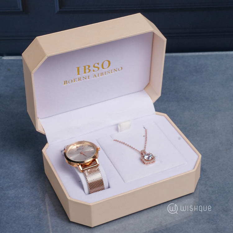 IBSO Ladies Quartz Rose Gold Watch and Necklace