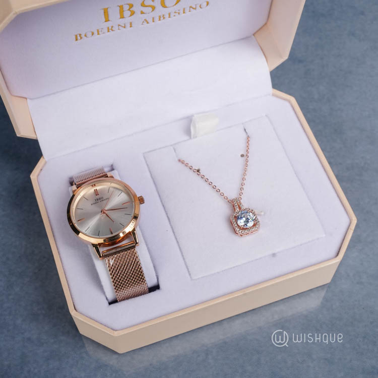 IBSO Ladies Quartz Rose Gold Watch and Necklace