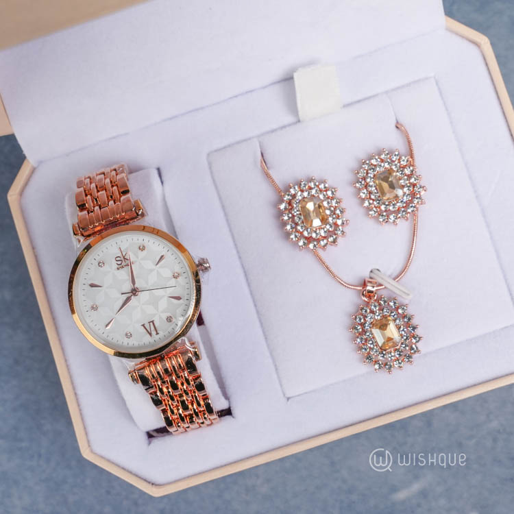 IBSO Ladies Stainless Steel Diamond Art Quartz Rose Gold Watch And Jewelry Set