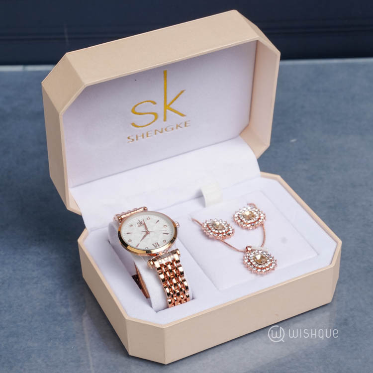 IBSO Ladies Stainless Steel Diamond Art Quartz Rose Gold Watch And Jewelry Set