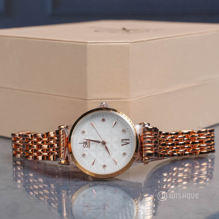 IBSO Ladies Stainless Steel Diamond Art Quartz Rose Gold Watch And Jewelry Set