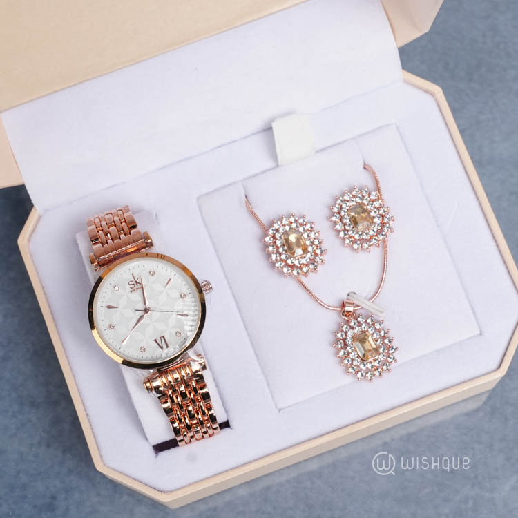 IBSO Ladies Stainless Steel Diamond Art Quartz Rose Gold Watch And Jewelry Set